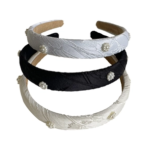 Set of three vintage style fabric headbands with elegant pearl flower embroidery