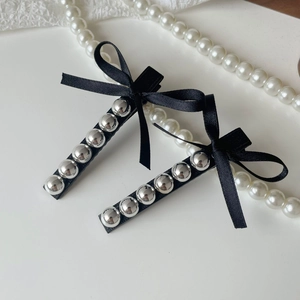 Pince à Cheveux Nœud en Satin Noir Style Français Vintage Avec Künstliche Perles Argentées Élégante Pince Bec de Canard Accessoires Cheveux