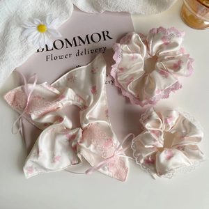 Chouchou en Satin Floral Avec Nœud en Dentelle Rose Ruban Vintage Français Accessoires de Coiffure Femme Fille