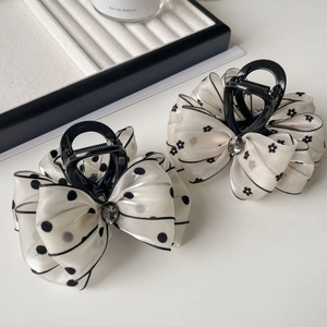 Korean Style Organza Bow Hair Claw Clip For Women Polka Dot Floral Pattern Rhinestone Decorative Large Hairpin Accessory