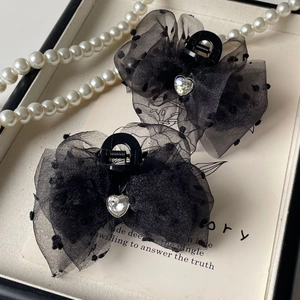 French Retro Polka Dot Tulle Bow Hair Claw Heart Rhinestone Shark Clip For Women Elegant Sweet Princess Hair Accessories