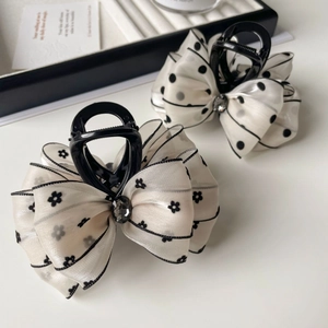Elegant polka dot and floral organza bow hair claw clips with gemstone center