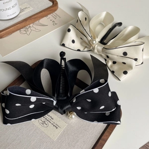 Barrettes à cheveux à pois style français avec nœud et perles en satin noir et blanc