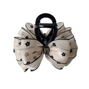 Elegant Korean style floral bow hair claw clip with black polka dots and gray gemstone