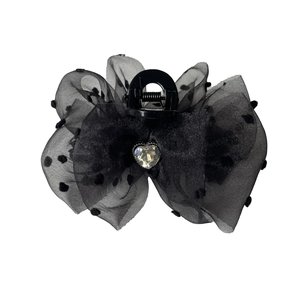 French style black polka dot mesh bow hair claw clip with a crystal heart center