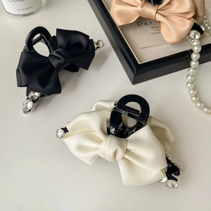 Elegant satin bow hair claw with sparkling rhinestones in three colors for women