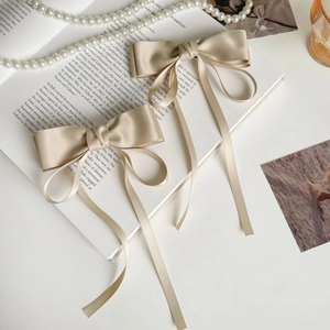 Barrettes à nœud en satin champagne avec de longs rubans sur un livre décoratif