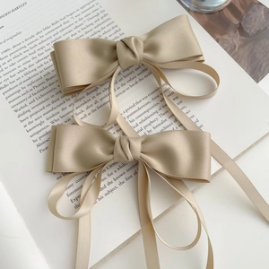 Gros plan détaillé de barrettes à nœuds en satin champagne avec rubans sur livre