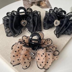 Sparkling mesh bow hair claw clips with polka dots and heart-shaped crystals