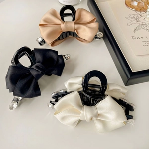 Elegant satin bow hair claws with rhinestones in black, champagne gold and cream white