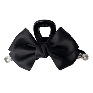 Elegant black satin bow hair claw clip with sparkling crystal bead embellishments