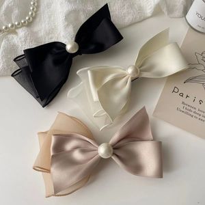 Elegant French Style Satin Mesh Double Layer Bow Hair Clip With Large Faux Artificial Pearl Vintage Hair Accessories For Women