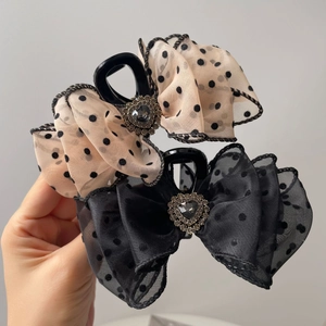 Set of large sheer mesh bow claw clips with polka dots and heart rhinestones