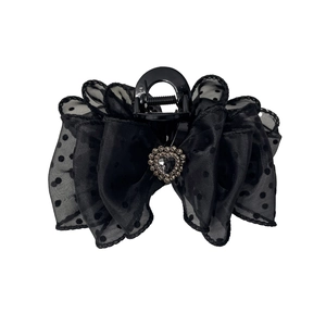 Sparkly black polka dot mesh bow hair claw clip with heart rhinestone decoration