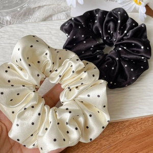French vintage satin polka dot scrunchies in black and beige, elegant hair accessories