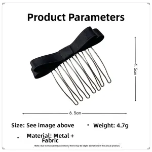 Détail d'un peigne à cheveux à nœud noir de 6,5 cm avec dimensions et dents en métal