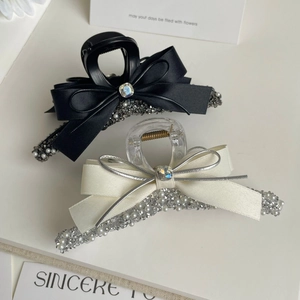 Women Elegant Satin Ribbon Bow Hair Claw Clip Large Shark Clip With Rhinestone Artificial Pearl Accents Vintage Hair Accessories For Daily Party
