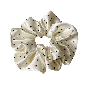 French style satin polka dot scrunchie with cream silk texture and elastic hair tie