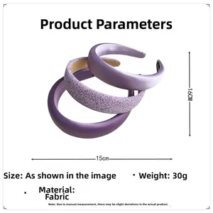 Detailed view of 15x16cm purple satin headbands showing texture and dimensions