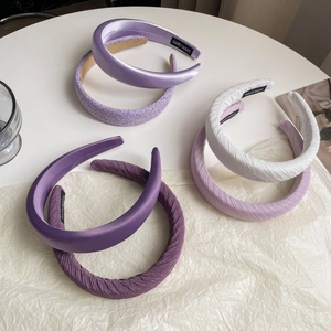 Set of 5 purple and white satin sponge headbands with handmade labels and elegant design
