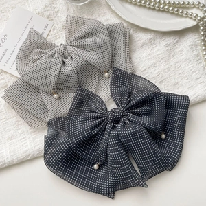 French Vintage Polka Dot Bow Hair Clip Elegant Chiffon Large Hair Claw With Artificial Pearl Pendant For Women Daily Hair Accessories