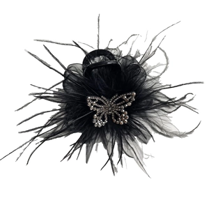Pince à cheveux élégante avec plumes noires papillon en cristal et nœud en résille