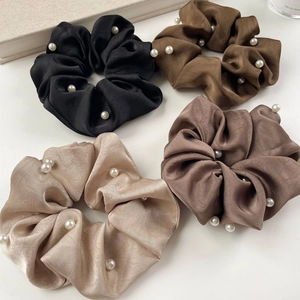 French style satin scrunchies set with pearls in black, brown, and beige tones