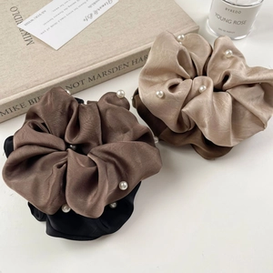 French style satin scrunchies with white pearls in coffee, black and beige silk fabric