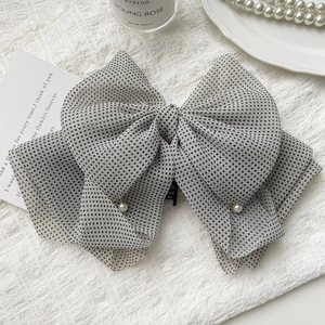 Polka dot tulle bow hair claw clip with white pearls for elegant French hairstyle