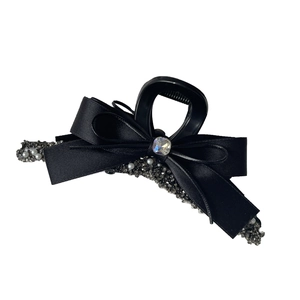 Silver bead bow shark hair claw clip with black satin ribbon and crystal rhinestones
