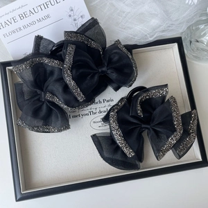 Elegant Black Multi-Layered Organza Bow Hair Claw Clip With Rhinestones Large Sparkling Shark Clip For Women Hair Accessories
