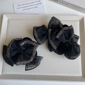 Elegant black organza bow hair claw clips with sparkling silver rhinestones set of two