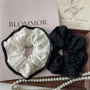 French chic polka dot fabric scrunchies in black and white with hand made labels
