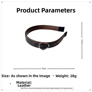 Detailed technical diagram showing dimensions of the brown leather heart buckle headband