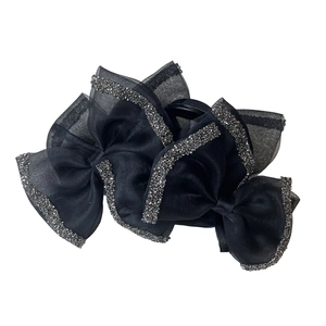Elegant black organza bow hair claw clip with shimmering rhinestones for women
