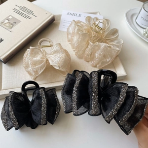 Elegant Bow Hair Claw Clip With Sparkling Rhinestone Mesh Fabric Large Shark Clip For Women French Style Hair Accessories