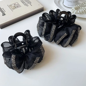 Elegant black tulle bow hair claw clip set with sparkling rhinestones for women