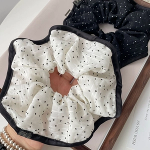 Elegant French style polka dot fabric scrunchies in black and white set of two