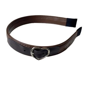 Brown and black leather headband with heart buckle design and silver metal hardware