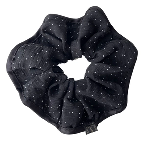 Elegant black polka dot hair scrunchie with French style fabric and satin edge finish
