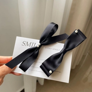 Elegant black satin bow hair clips with pearls, luxury French style hair accessories set