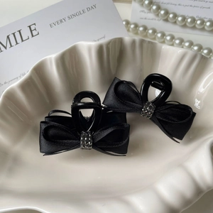 French Satin Ribbon Bow Small Hair Claw Clips Rhinestone Elegant Black Hair Accessories For Women Daily Styling