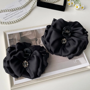 French Elegant Black Satin Ribbon Bow Hair Claw Clip With Rhinestone Artificial Pearl Accents Large Retro Shark Clip For Women Updo