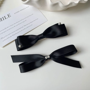 French Elegant Black Satin Bow Hair Clip With Faux Artificial Pearl Vintage Handmade Duckbill Side Clip For Women Hair Accessories