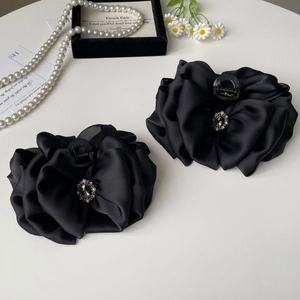 Elegant satin bow hair claw clip with black gemstone and pearl rhinestones for women