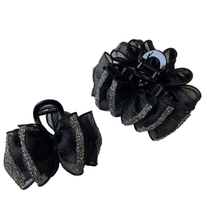Elegant black mesh hair claw clips with sparkling rhinestones and bow design for women