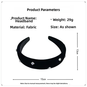 Detail specifications of black velvet rhinestone headband showing 15cm width and 29g weight
