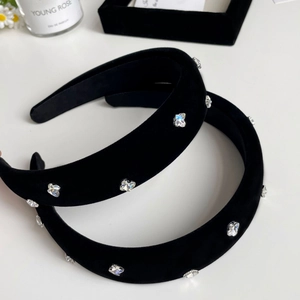 Black Velvet Padded Headband With Rhinestone Butterfly For Women Elegant High Top Hair Hoop Vintage Fashion Hair Accessories
