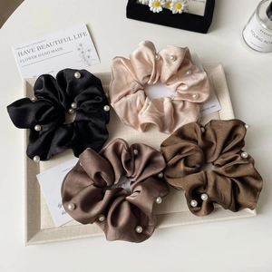 French style satin pearl hair scrunchies set in black champagne and brown silk fabric