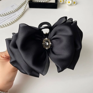 Elegant large black satin layered bow hair claw clip with pearl and rhinestone center